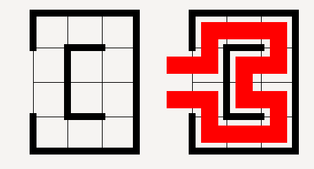 A simple example of an Alcazar puzzle (left) and its solution (right).