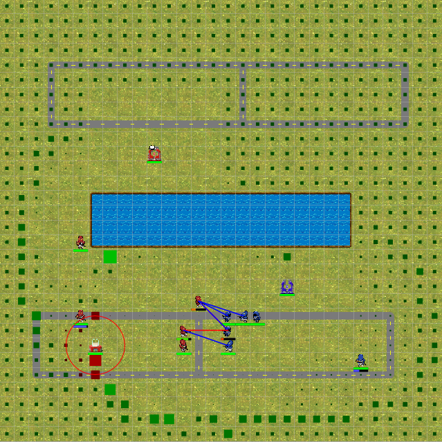 An example of a small map. Green squares represent the number of cows on this cell (the bigger/darker the square, the more cows live there). The cells can be green, grey or blue (grass, road or water). In this example, red has one HQ, one PASTR and five soldiers of which one is shooting and one is transforming into one of the buildings.